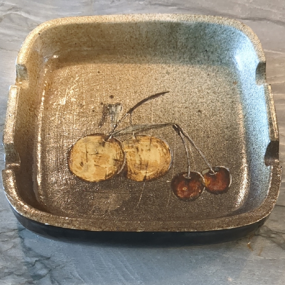 Rustic Brown Ceramic Ashtray with Cherry Design